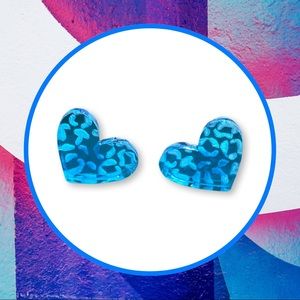 Blue Leopard Print Heart Stud Earrings